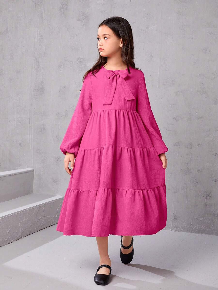 SHEIN Cô gái Tween Cà vạt Tay áo lồng đèn Xù Hoa Sen Váy Smock - Màu Hồng Tươi - Xem 1