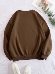 INAWLY 女式大码标语印花圆领运动衫，适合冬季 - 咖啡棕 - 查看 2