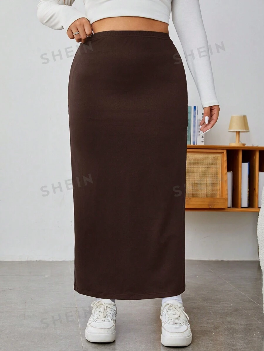 SHEIN EZwear Talla grande Falda recta de talle alto - Marrón Chocolate - Ver 1