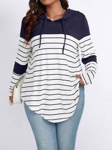 SHEIN LUNE Hơn In sọc Curved Hem Dây rút áo có mũ Áo thun - Màu xanh hải quân - Xem 5