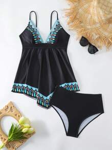 SHEIN Swim 夏季女式几何印花细肩带比基尼 - 黑色 - 查看 1