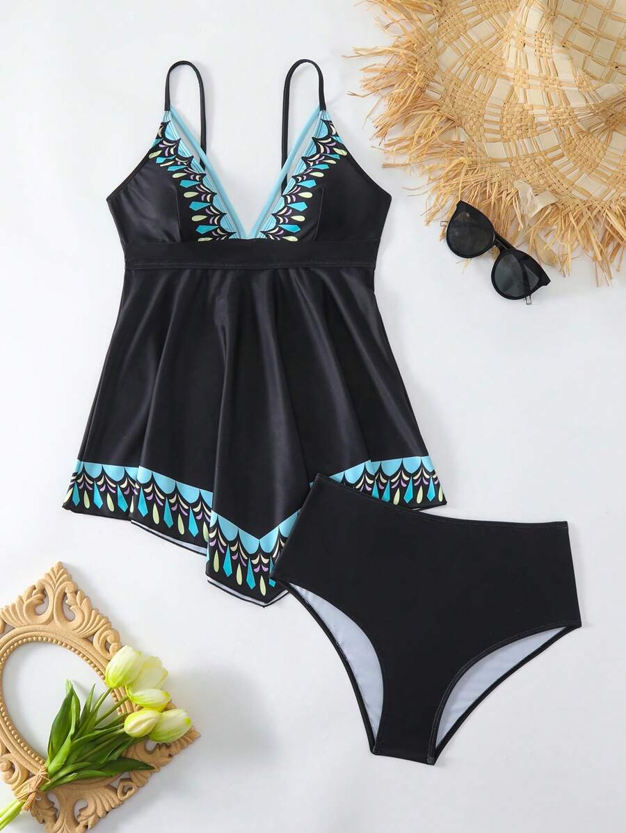 SHEIN Swim 夏季女式几何印花细肩带比基尼 - 黑色 - 查看 1