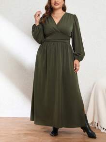 SHEIN Privé 大尺碼女款燈籠袖百褶連身裙 - 軍綠色 - 查看 1