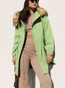 SHEIN EZwear Abrigo De Lana Con Capucha Y Cuello Para Mujer, Color Liso