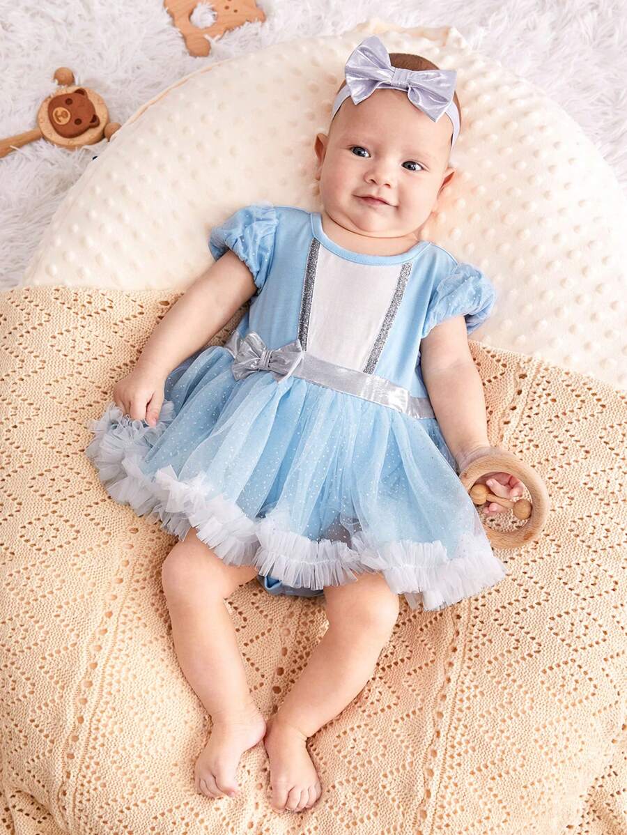SHEIN Newborn Baby Girls' Puff Sleeve Dress With Bowknot & Mesh Skirt, With Headband 2pcs/Set - Baby Blue - View 1