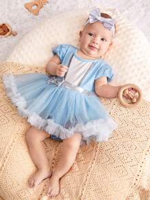 SHEIN Newborn Baby Girls' Puff Sleeve Dress With Bowknot & Mesh Skirt, With Headband 2pcs/Set - Baby Blue - View 6