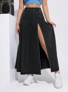 SHEIN EZwear Túi nghiêng Tách đùi Váy Denim - Màu Xám nhạt - Xem 4