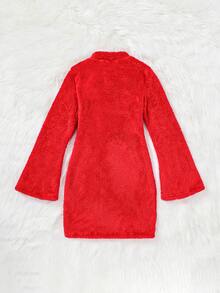 青少年女孩小高領荷葉袖絨毛洋裝 - 紅色 - 查看 2