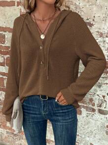 SHEIN LUNE Half Button Raglan Sleeve Drawstring Hoodie - Brown - View 5