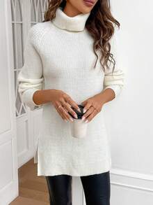 SHEIN Frenchy High-Neck Sweater With Split Hem And Raglan Sleeve Design - Beige - View 4