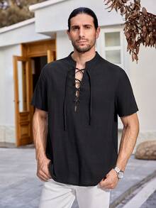 Manfinity Homme Loose Fit Men's Solid Color Shirt With Tie Detail - Black - View 7