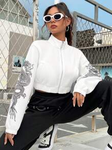 SHEIN EZwear 休閒口袋 拉鍊動物女士衛衣 - 白色 - 查看 3