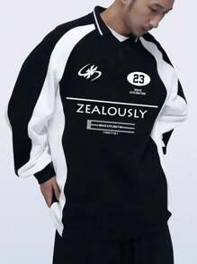 Manfinity Hypemode Nam Lỏng lẻo phù hợp Tương phản Màu sắc In Áo nỉ Với Vòng cổ - Màu xanh lam - Xem 1