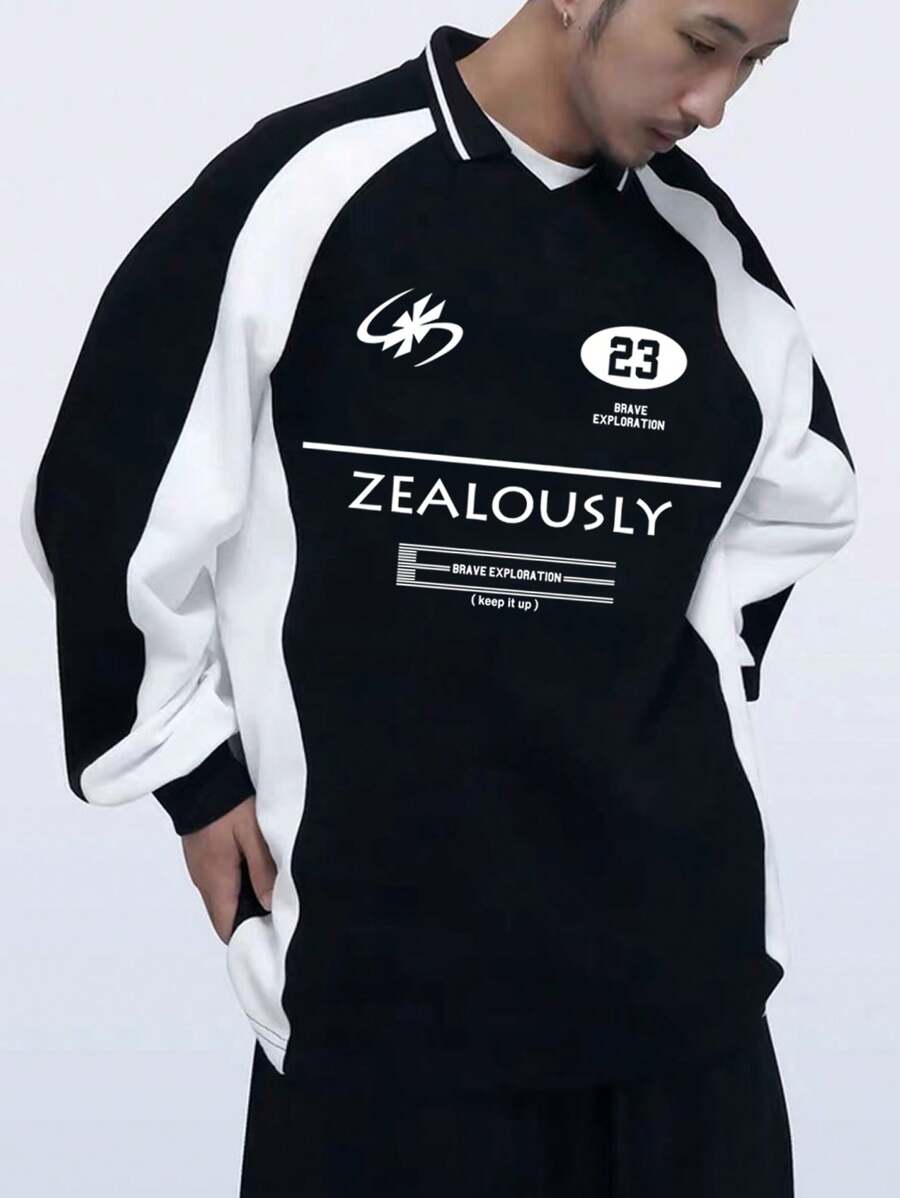 Manfinity Hypemode Nam Lỏng lẻo phù hợp Tương phản Màu sắc In Áo nỉ Với Vòng cổ - Màu xanh lam - Xem 1