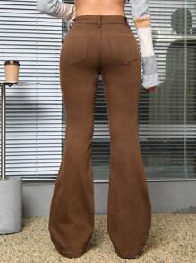 SHEIN EZwear 洗水效果喇叭牛仔裤 - 卡其色 - 查看 2