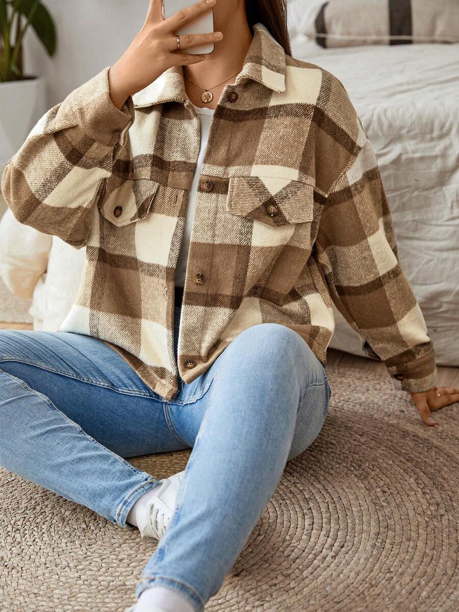 SHEIN Clasi Plus Plaid Print Drop Shoulder Jacket - Khaki - View 1