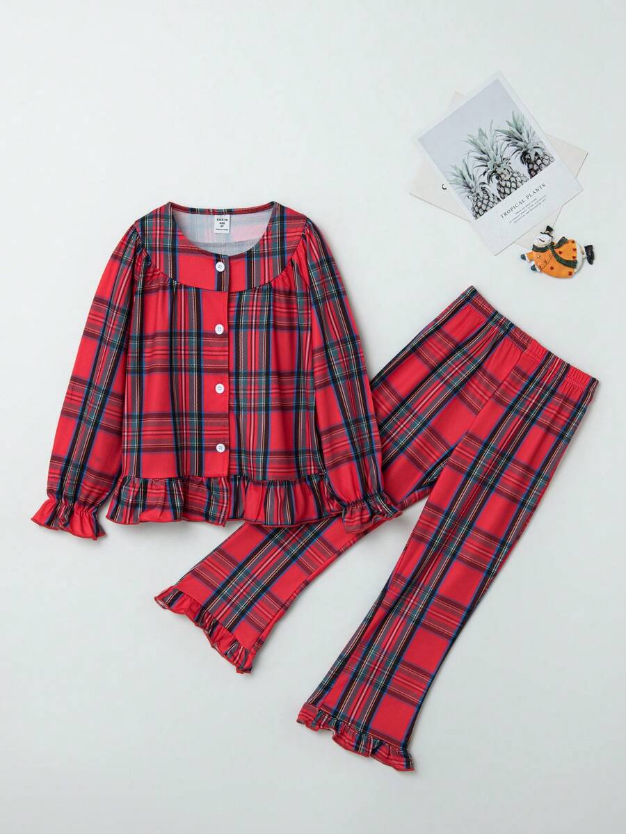 SHEIN Conjunto De Pijamas Con Volantes Y Estampado Escocés Para Niñas Jóvenes - Rojo - Ver 1