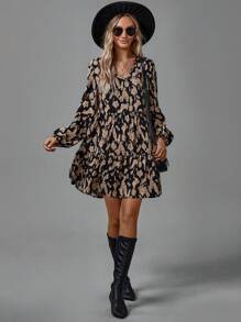 SHEIN LUNE V 领荷叶边 A 字形休闲度假印花连衣裙