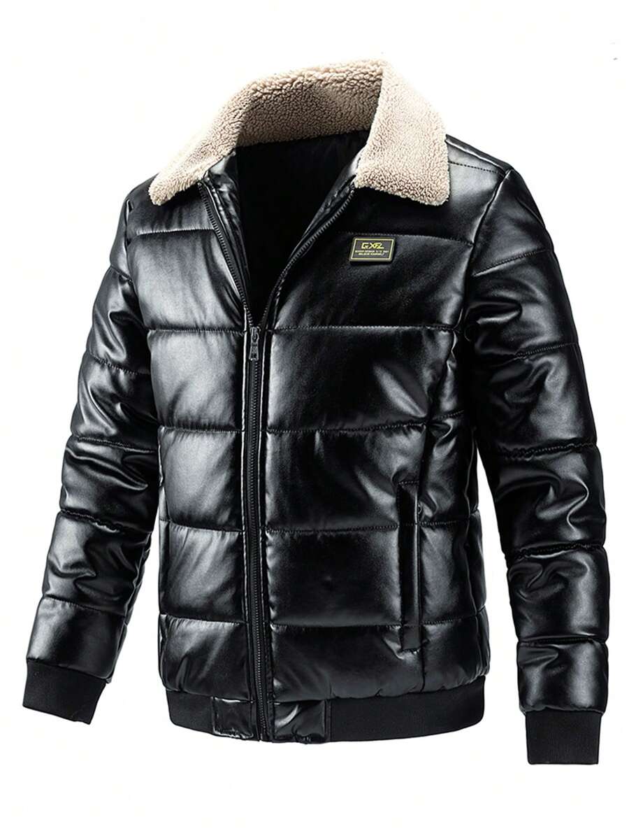 Men Borg Collar Letter Patched Detail Padded Coat - Black - View 1
