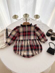 女嬰格紋印花荷葉邊前蝴蝶結荷葉袖連身背心 - 酒紅色 - 查看 2