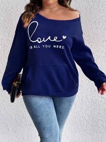 Calvaya Hơn Đồ họa trái tim & khẩu hiệu Túi kangaroo Thả vai Áo nỉ - Xanh đậm - Xem 5