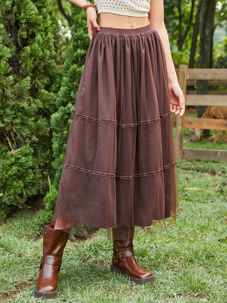 Contrast Mesh Layered Ruffle Hem Skirt