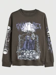 ROMWE Goth 字母&骷髏頭圖案運動衫 - 棕色 - 查看 1