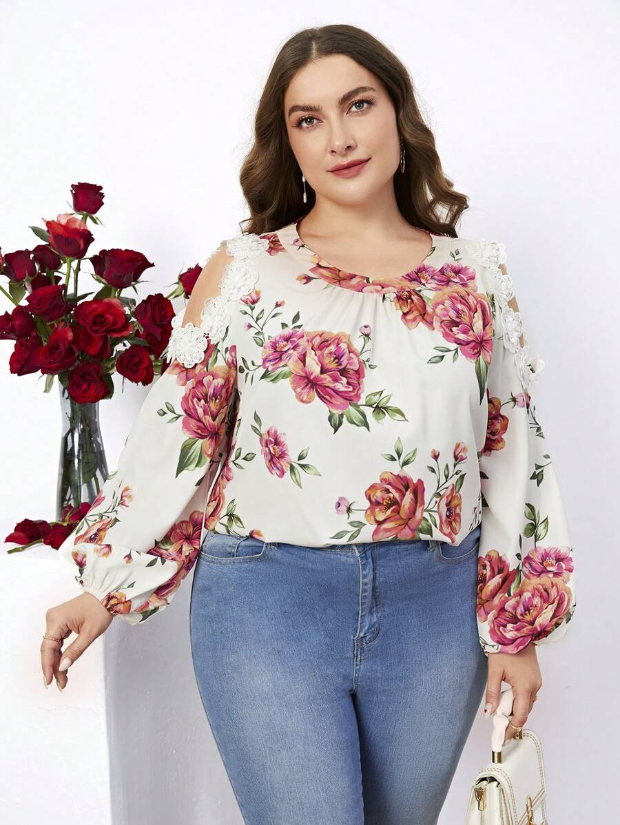 SHEIN Clasi Plus Size Cold Shoulder Collar & Lantern Sleeve Shirt With Applique Embellishments - Multicolor - View 1