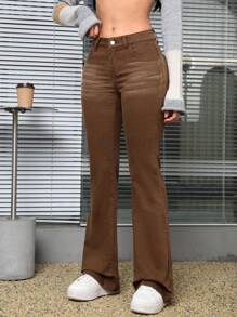 SHEIN EZwear 洗水效果喇叭牛仔裤 - 卡其色 - 查看 5