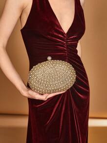 SHEIN Belle Rhinestone Decorated Gold Metallic Forward Style Clutch Bag - Gold - View 4