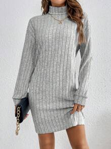 SHEIN Frenchy Turtleneck Drop Shoulder Grain Fabric Dress With Sleeves Ribbed Knit Dress - Grey - View 3