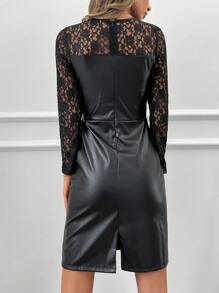 SHEIN Cottnline Contrast Lace PU Leather Dress - Black - View 2