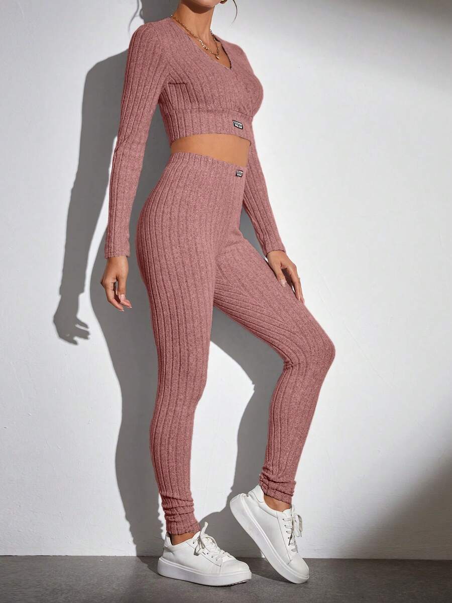 SHEIN Tall Button Front Crop Tee & Leggings - Dusty Pink - View 1