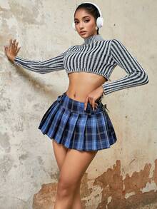 Y2K Preppy Cute Contrast Tartan Print Double Metallic Buckle Pleated Mini Skirt Summer Back To School Hottie For Women Music Festival