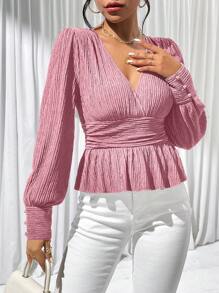 SHEIN Privé 純色燈籠袖褶邊上衣 - 粉色 - 查看 1