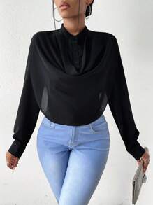 Zolique cổ áo xếp nếp Chất rắn Áo sơ mi - Màu vàng - Xem 5