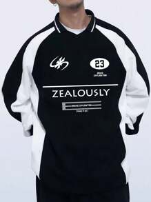 Manfinity Hypemode Nam Lỏng lẻo phù hợp Tương phản Màu sắc In Áo nỉ Với Vòng cổ - Màu xanh lam - Xem 3