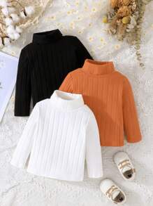 SHEIN 女嬰3入組素色高領T恤 - 彩色 - 查看 1