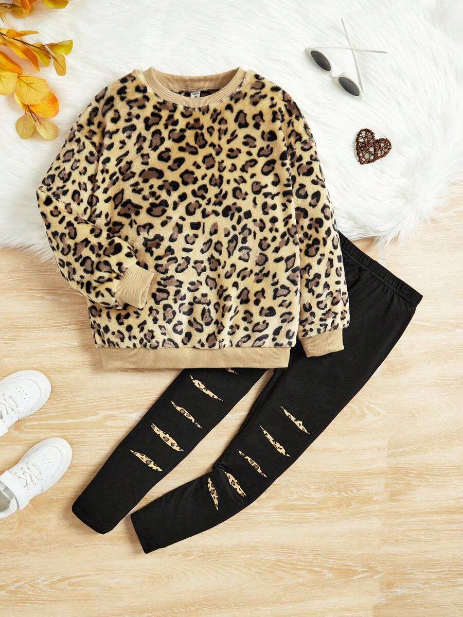 SHEIN Tween Girl Leopard Print Flannel Pullover & Leggings - Khaki - View 1