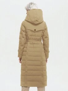 ZIAI 时尚女式连帽梭织面料绗缝大衣，中长款，带贴袋和标准袖 - 駝色 - 查看 3