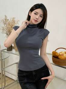 DAZY Solid High Neck Cap Sleeve Tee