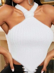 SHEIN SXY Solid Asymmetrical Hem Knit Top - White - View 3