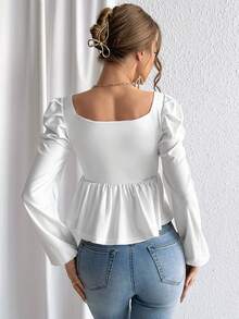SHEIN Privé Sweetheart Neck Puff Sleeve Peplum Tee - White - View 2