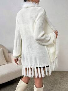 SHEIN Privé Tassel Trim Plush Edge Front Open Cardigan Sweater - Apricot - View 2