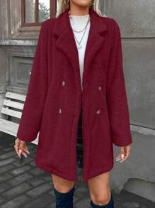 SHEIN Privé Lapel Neck Double Breasted Teddy Coat - Burgundy - View 4