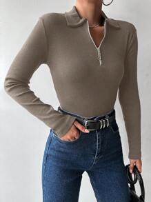 EURMUSE Solid Zipper Front Tee - Brown - View 3