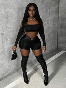 Slaydiva Women's PU Leather Shorts - Black - View 6