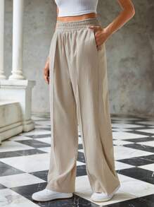 EURMUSE Solid Slant Pocket Wide Leg Pants - Beige - View 3