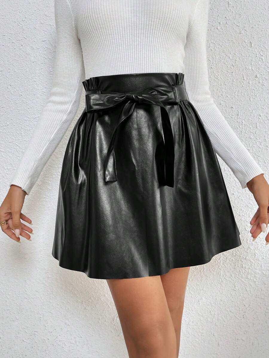 SHEIN Frenchy Nếp gấp cao eo Thắt lưng Da giả Váy - màu đen - Xem 1