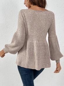 SHEIN Frenchy Solid Bishop Sleeve Peplum Sweater - Khaki - View 2